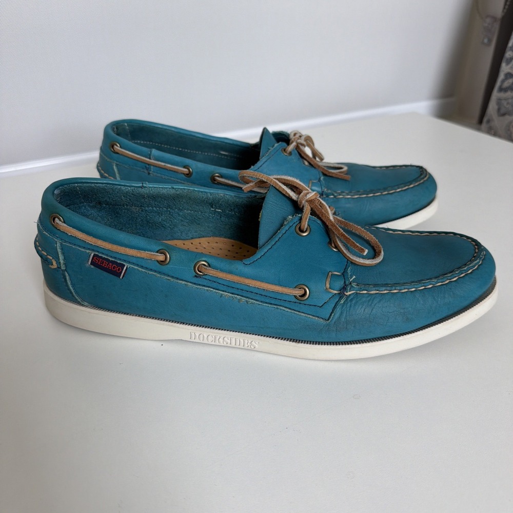Sebago Docksides Boat Shoes Men Sz 11.5M teal aquamarine blue Leather Coastal